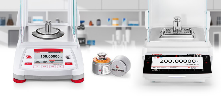 Range OHAUS Adventurer and Explorer balances with calibration weights